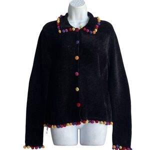 Belle Pointe Pom-Pom Chenille Cardigan S Black Long Sleeve Applique Sweater